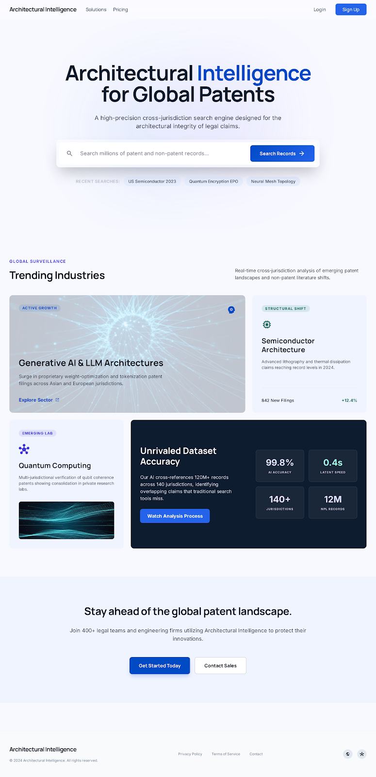 Architectural Intelligence landing page mockup — cross-jurisdiction patent search interface