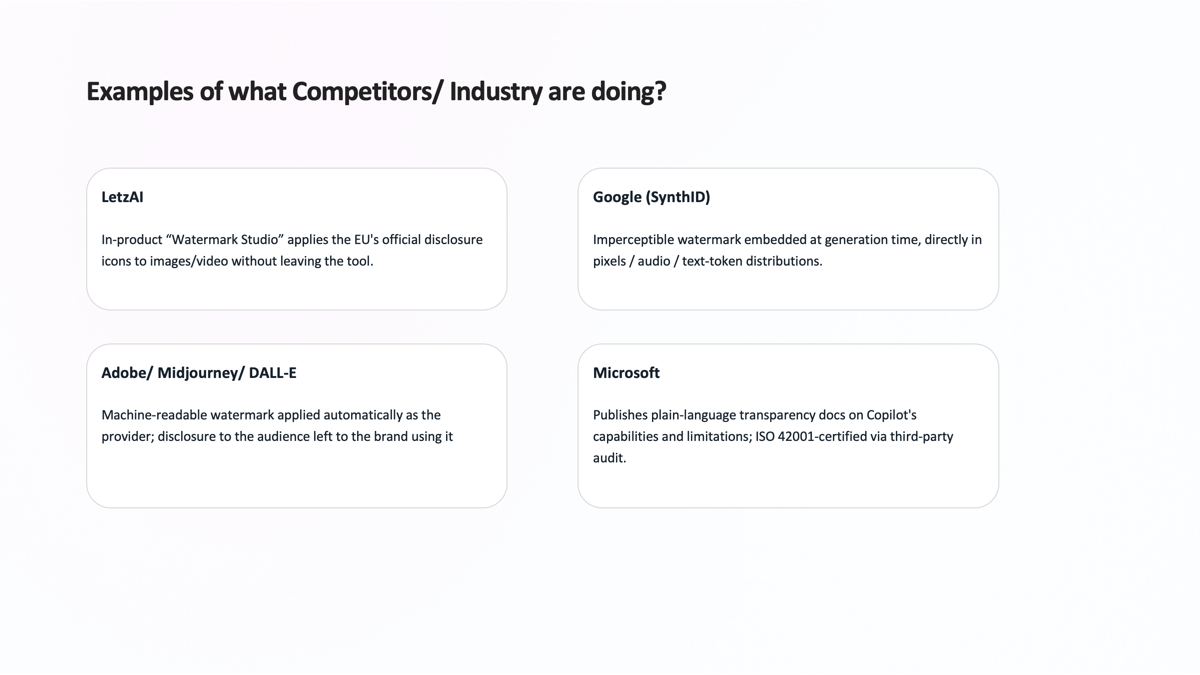 Grid of four industry examples of AI-content watermarking and disclosure approaches